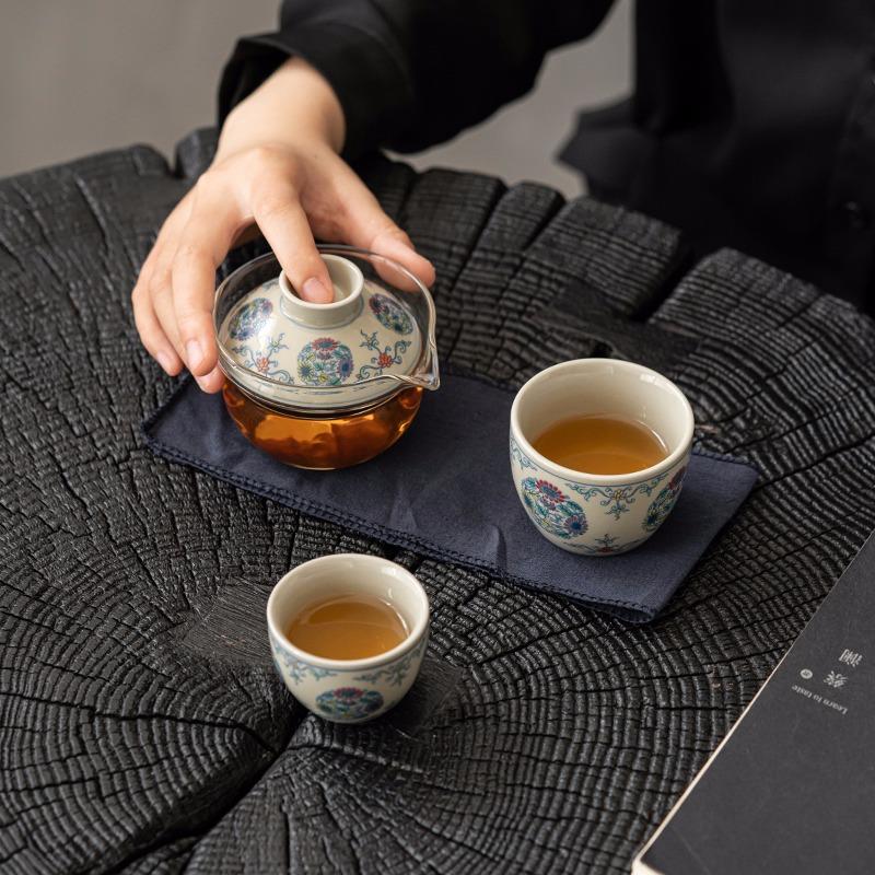 复古青花旅行快客杯盖碗泡茶器便携式玻璃茶杯车载收纳户外小套装