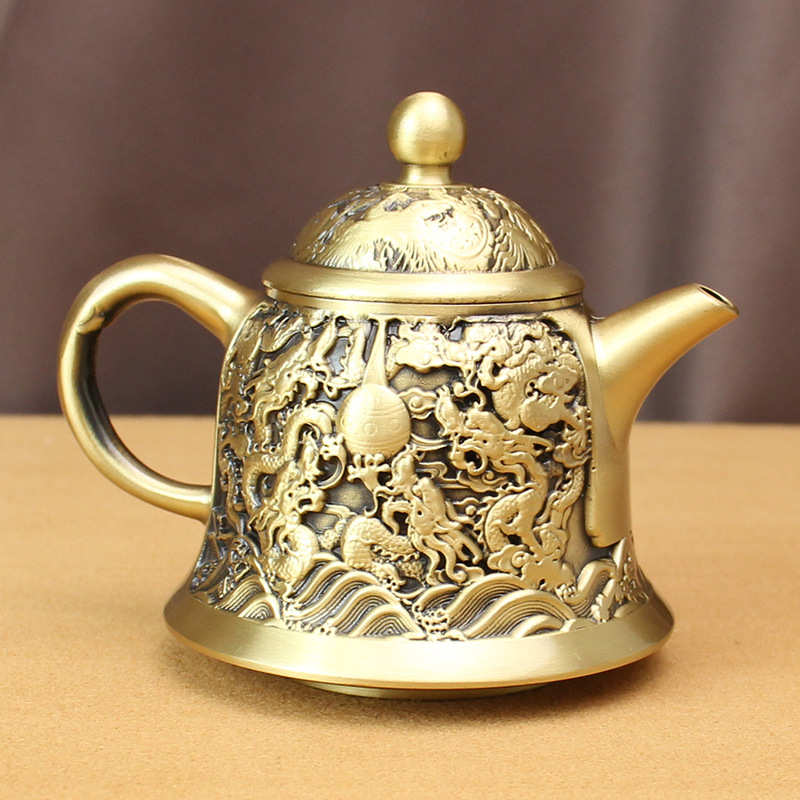 双龙创意黄铜办公复古高档纯铜壶戏龙头珠茶具茶壶酒杯摆件桌面