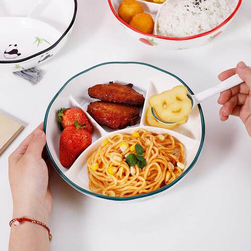 8英寸四格餐盘陶瓷家用分餐盘带盖子加深款减肥减脂餐盒大人快餐