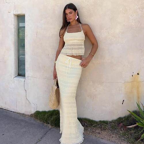 Women's Solid Halter Backless Top & Skirt Two-piece Set