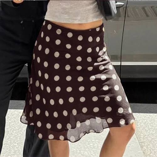 Womens Skirt Summer Coffee-Colored Wave Dot Print Mesh