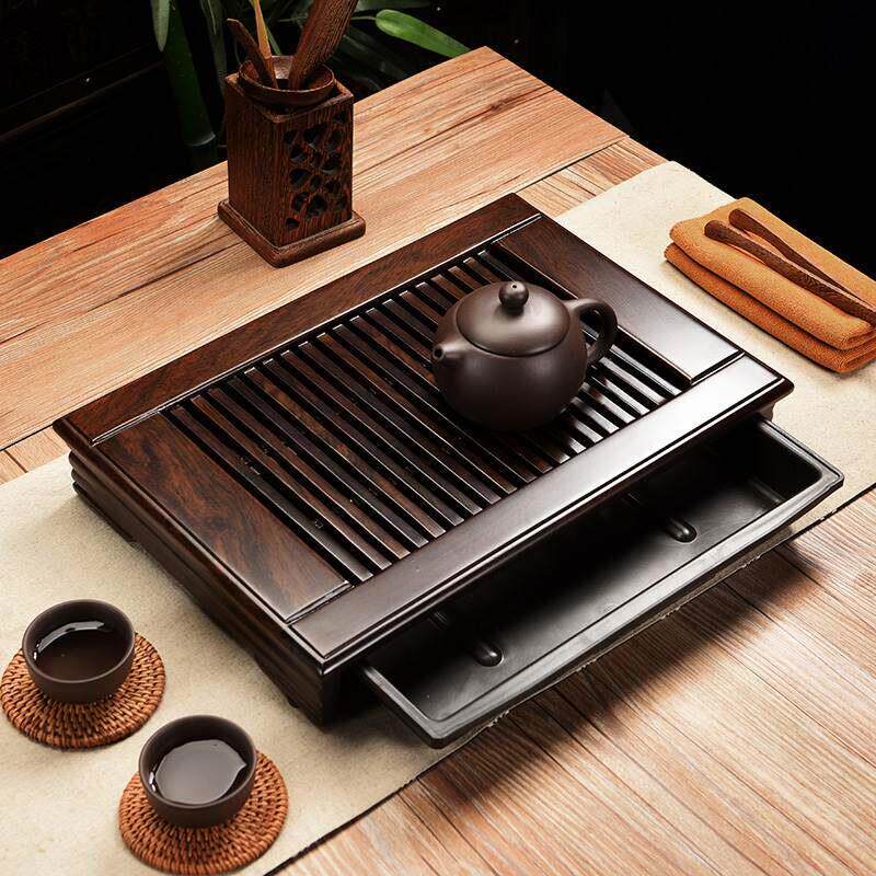 小号鸡翅木茶盘储水式茶台黑檀茶海抽屉简约家用实木托盘迷长方形