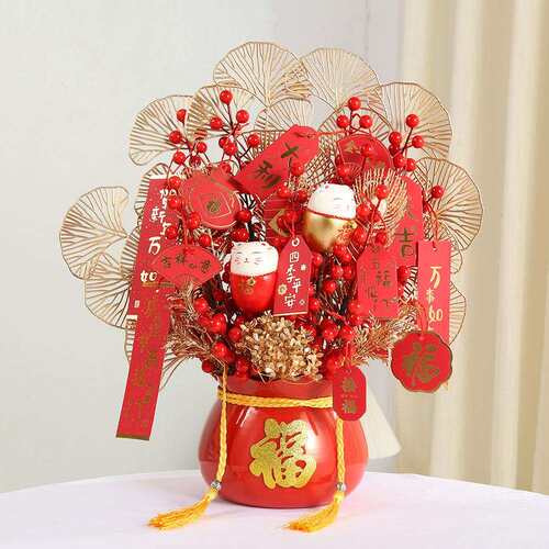 乔迁新年福桶红果发财果抱抱桶春节装饰插花桶客厅桌面喜庆福字桶