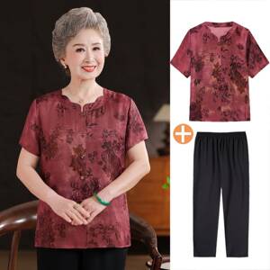 奶奶装夏装真丝衬衫女70岁多80妈妈太太夏季上衣服老年人短袖套装