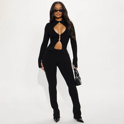 Women's hollowed out hook and loop zipper top, pants, two