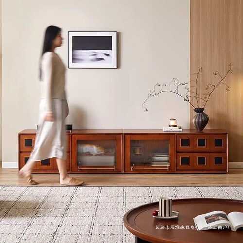 复古胡桃木色实木电视柜自由组合矮柜客厅靠墙落地柜展示储物柜子