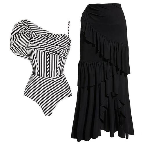 One piece swimsuit with off shoulder striped print