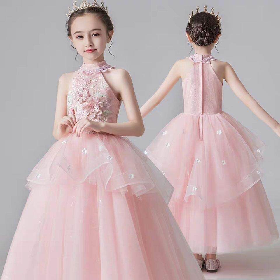 女童礼服公主裙挂脖花童钢琴演出服洋气粉色主持人晚礼服儿童走秀
