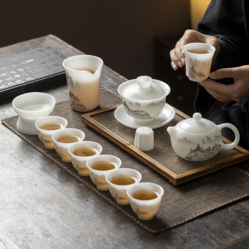 德化璞玉素烧西施壶盖碗羊脂玉瓷茶具德化白瓷纯手工手绘山水工厂