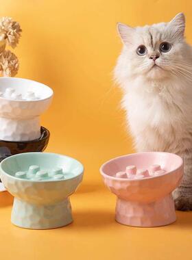 陶瓷慢食碗猫碗高脚碗保护颈椎斜口缓食宠物碗黑色防噎止吐狗食盆