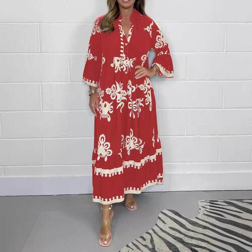 Women's printed stand up collar waist cinching