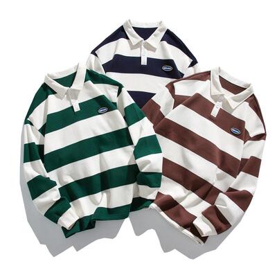 Men Black White Stripe Sleeve Polo Shirt Collar Relaxed