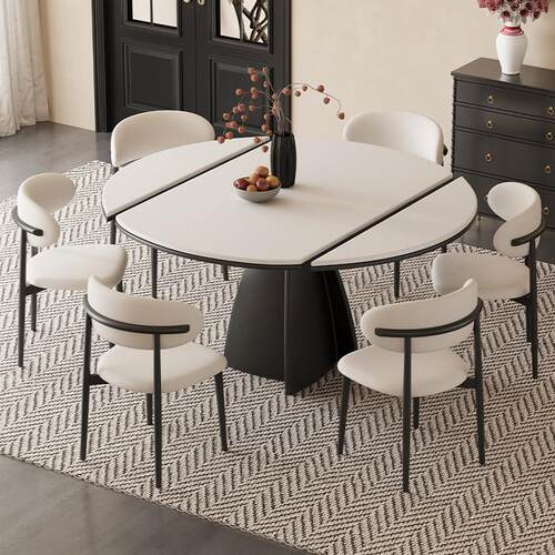 法式覆古可伸缩折叠岩板餐桌家用小户型多功能方圆两用圆形吃饭桌