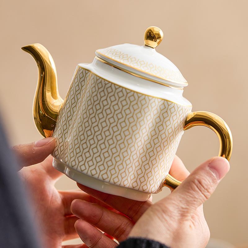 厂家描金电镀陶瓷咖啡壶泡茶壶耐高温酒店茶餐厅沏茶壶带过滤水壶