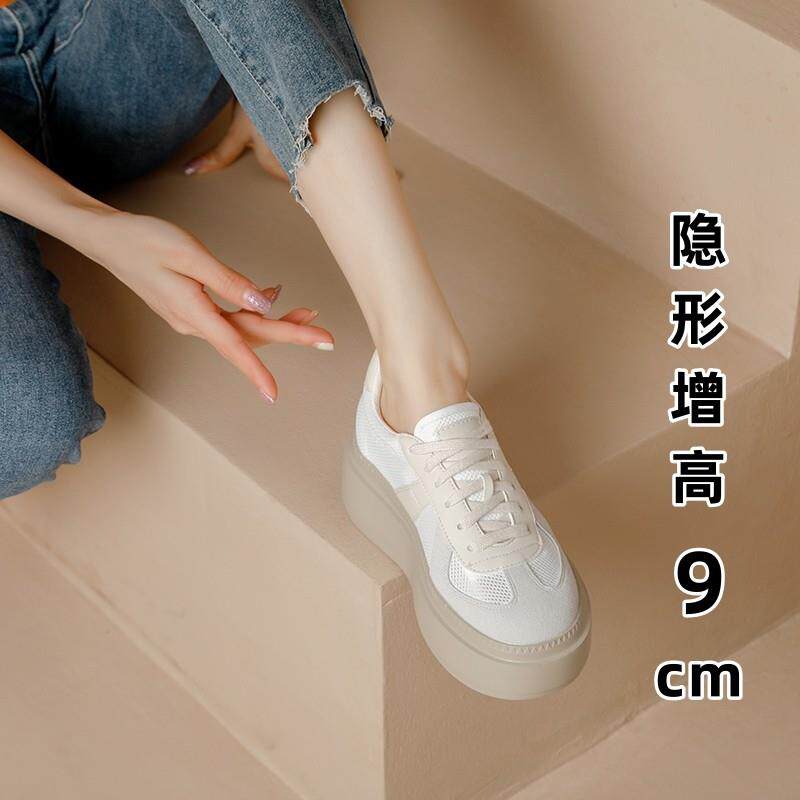 港风轻奢新款~内增高厚底小白鞋女春夏季小个子真皮百搭休闲板鞋