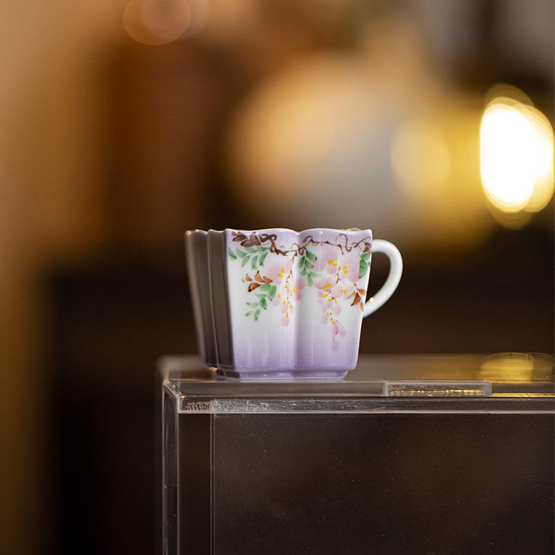 墨己玉泥手绘紫藤花家用茶杯日式提耳花口方形品茗杯主人杯单杯