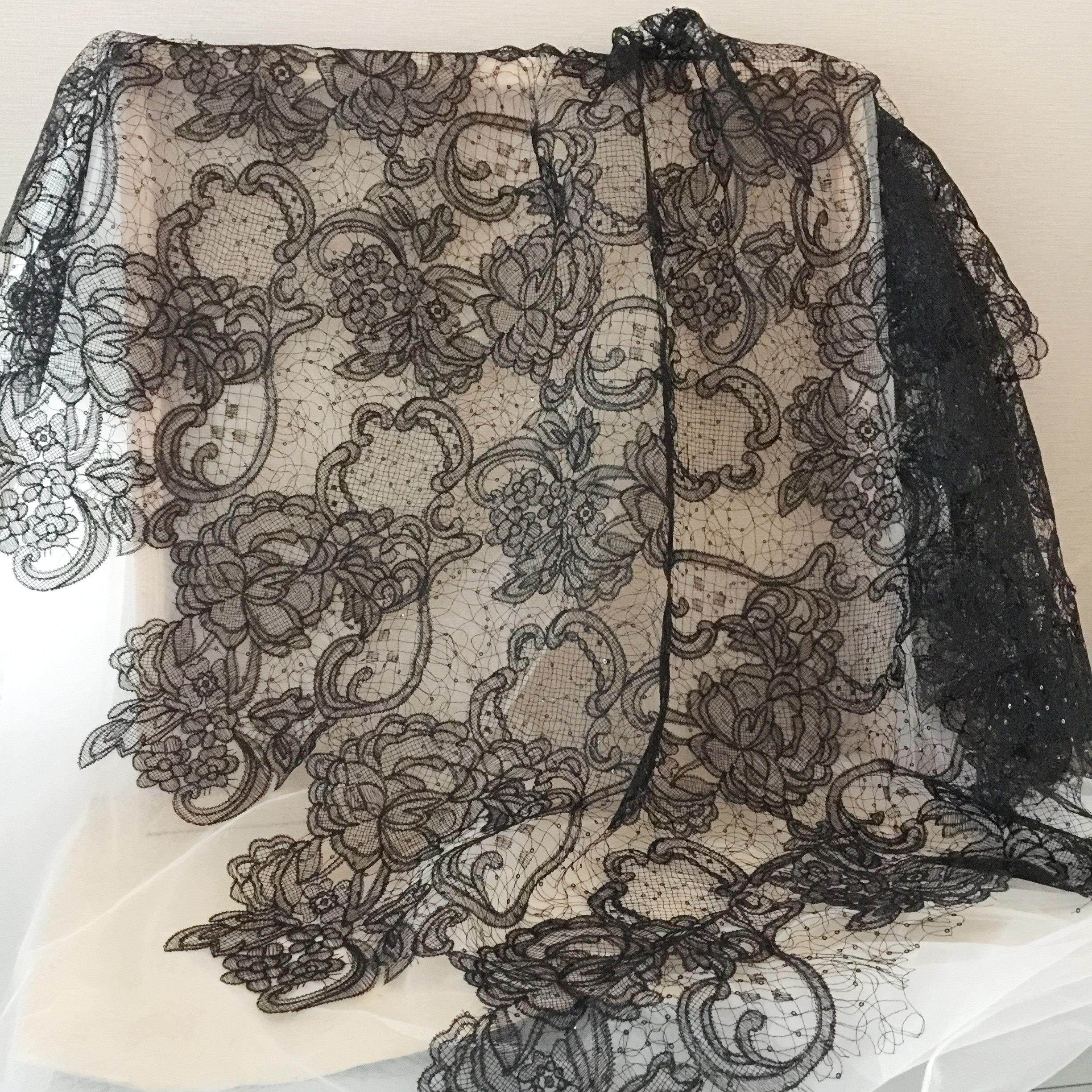 精品黑色米白色亮片鱼丝线婚纱蕾丝面料 镂空欧美礼服蕾丝辅料