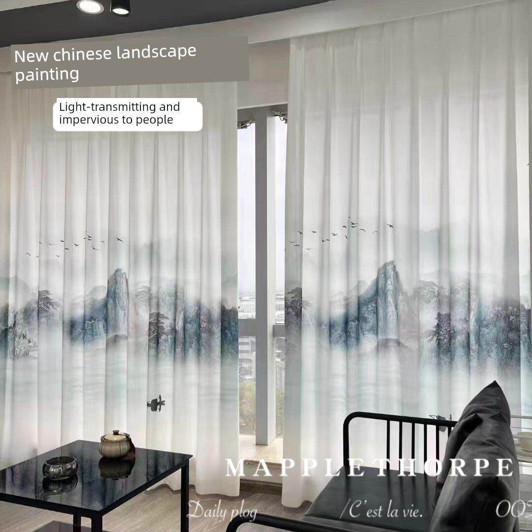 新民族风格新中国风水墨山水画不透光白纱窗帘客厅卧室茶室书房纱