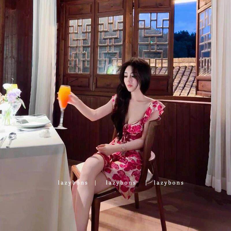 吊带洋装女夏高级感玫瑰印花绑带收腰a字裙性感露背度假风短裙