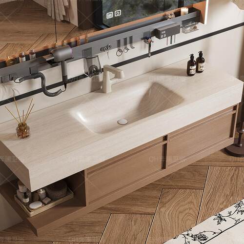 岩板热弯一体盆中古风浴室柜组合洗手池洗脸池盆柜卫生间洗漱台