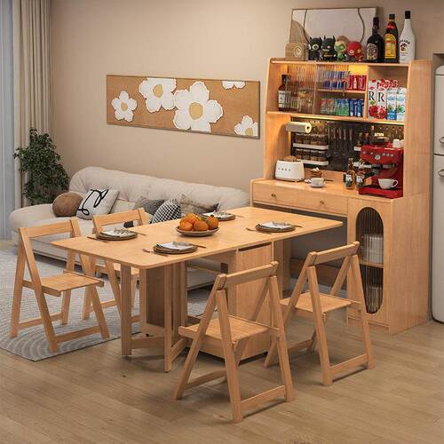 奢屋实木折叠餐桌与餐边柜组合 小户型多功能餐桌