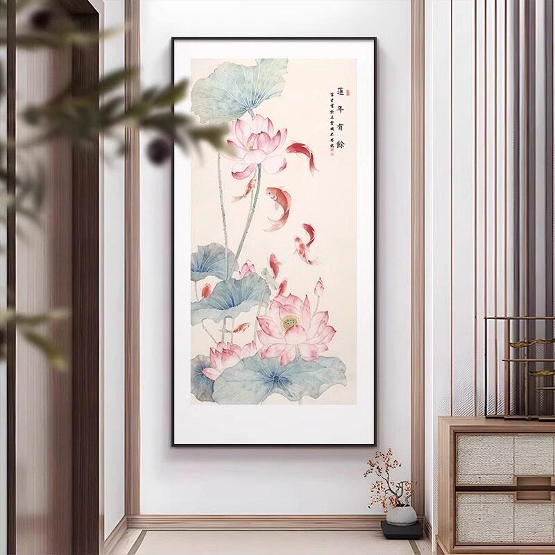 新中式玄关装饰画 画荷花九鱼锦鲤图聚财风水入户门正对墙挂画 画