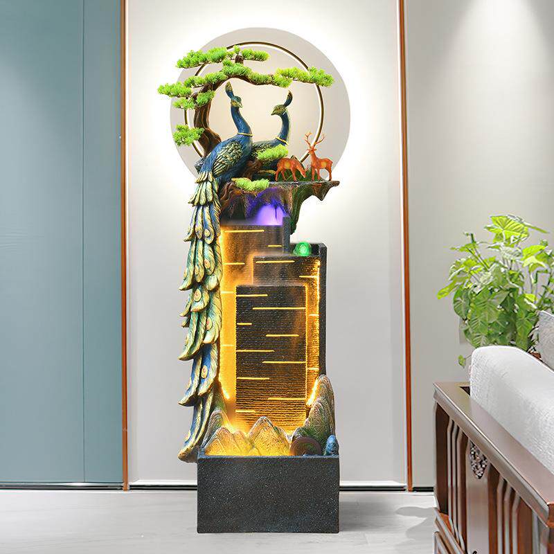 中式孔雀创意加湿器假山流水喷泉客厅阳台玄关酒店会所办公室摆件