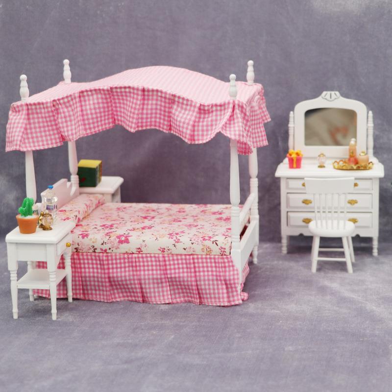 1:12娃娃屋dollhouse迷你家具卧室微场景卧室有顶床梳妆镜床头柜