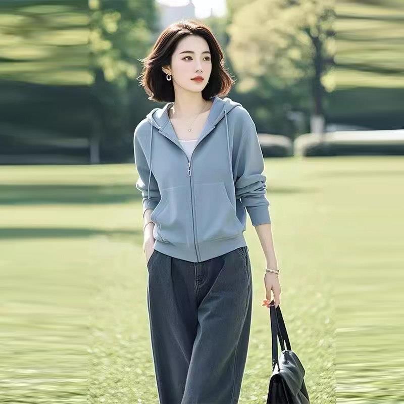 极速休闲简约纯色连帽卫衣女春季新款小众百搭宽松显瘦拉链上衣外