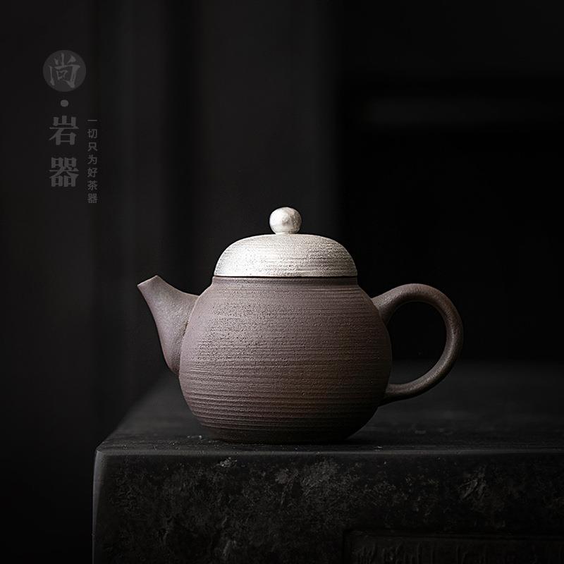 复古粗陶茶壶老岩泥陶壶单个泡茶壶陶瓷家用鎏银泡茶壶