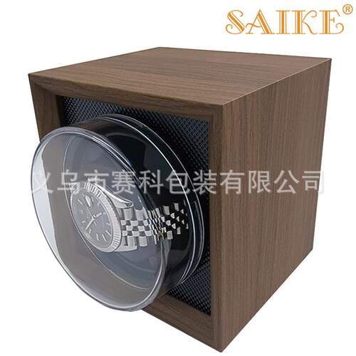 黑胡桃纹木质立式自动摇表器圆形透明盖静音全智能主动静音单表位