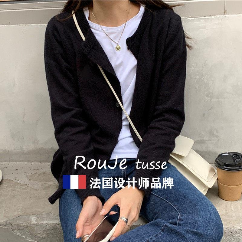 2025年秋季新款长袖羊绒毛衣针织开衫女慵懒风软糯黑色羊毛外套潮