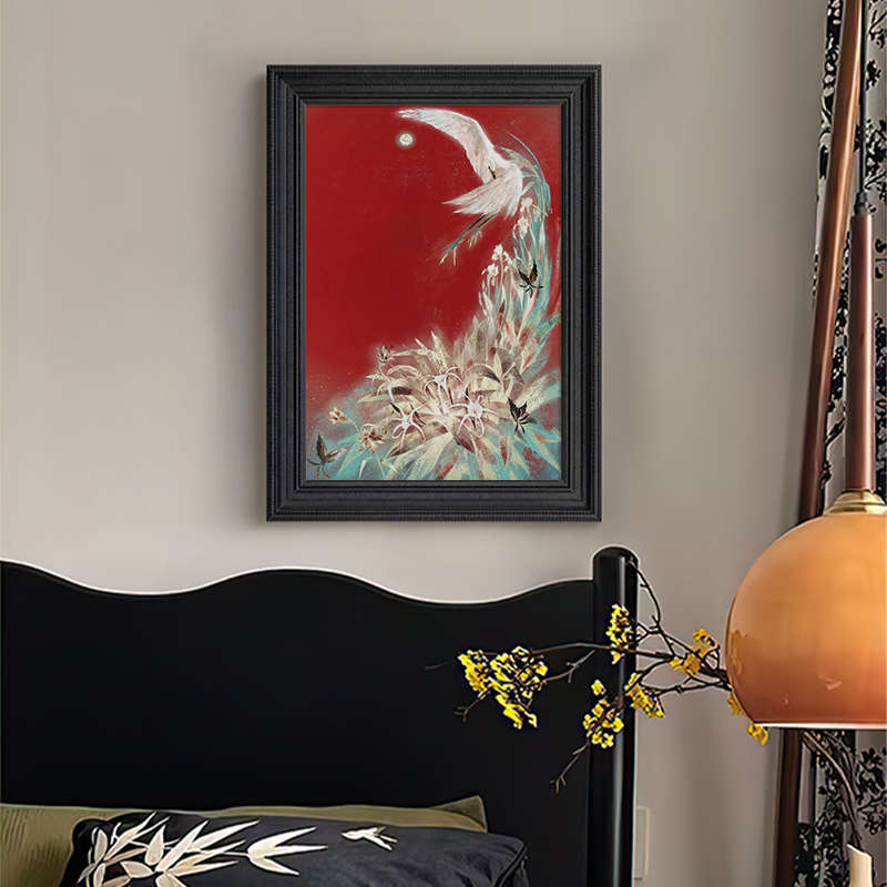 玄关仙鹤装饰色系蝴蝶花卉红牡丹挂画手绘客厅新餐厅油画丙烯中式图片