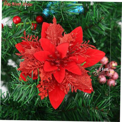 5pcs 14cm Glitter Artificial Christmas Flowers Xmas Tree Orn