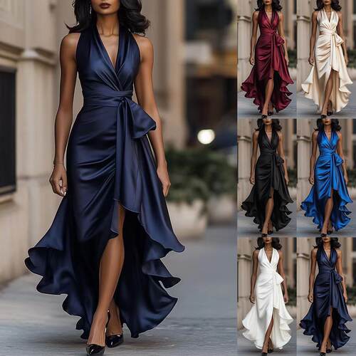 Deep V-neck sleeveless waist cinched ruffle edge dress for