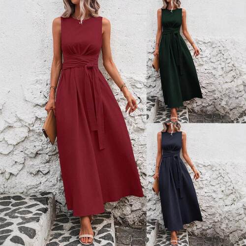 Women's Plain Knot Dress Elegant Sleeveless Round Neck Long