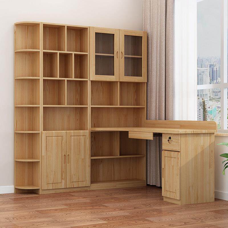 实木转角书桌书柜一体桌书架组合电脑桌学生家用儿童学习书桌子