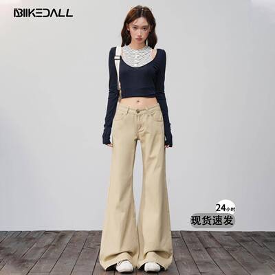 美式卡其色微喇牛仔裤女新款复古低腰宽松显瘦直筒小个子喇叭裤子