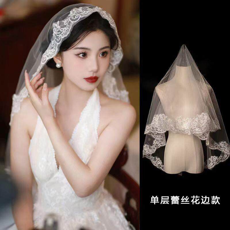 蕾丝头纱新娘主婚纱白色超仙简约结婚唯美头盖纱森系影楼拍摄道具