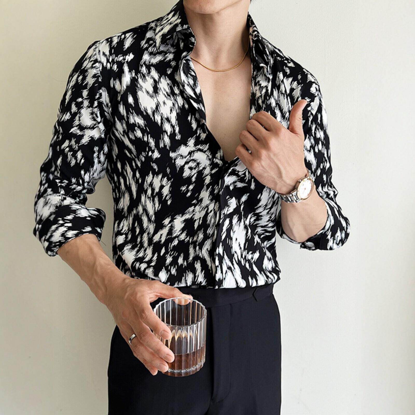 LL男装花衬衫男长袖2026新款高级感痞帅印花上衣修身垂感弹力衬衣