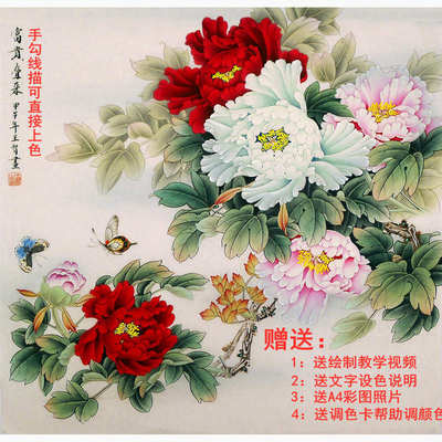工笔画底稿白描画稿临摹底稿白描手勾熟宣线描可直接上色牡丹蝴蝶