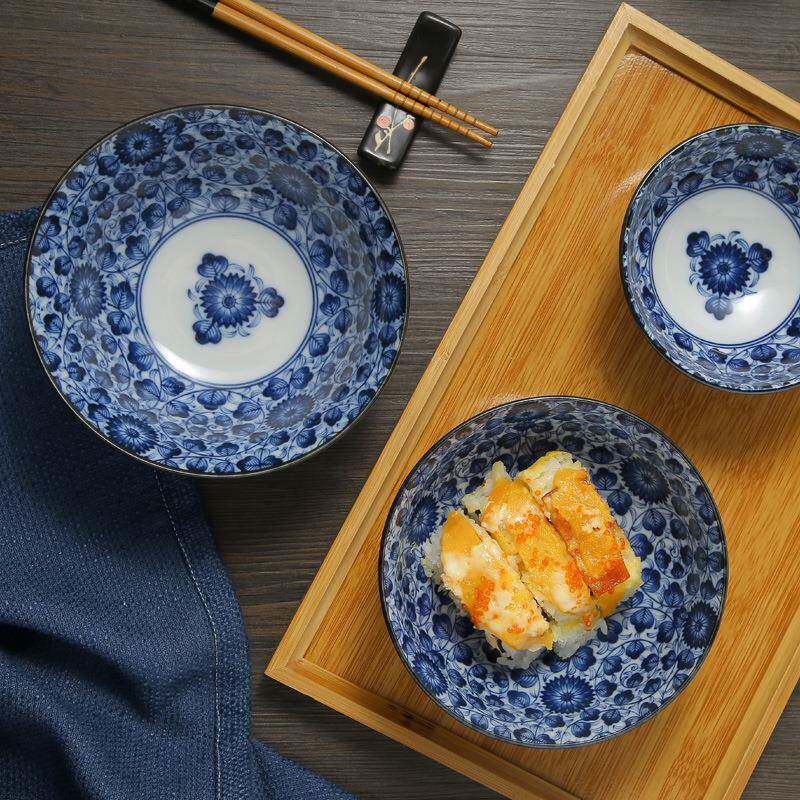 日本釉下彩工艺美浓烧菊染唐草碗盘碟餐具套装套组