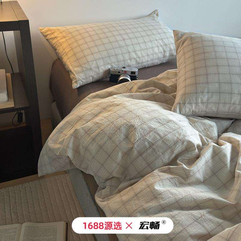全棉色织水洗棉四件套男士复古风条格纯棉被套床单床笠款日式套件