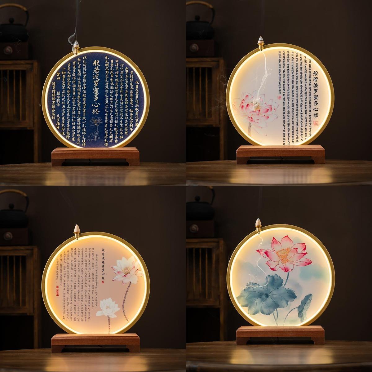 中式倒流香炉创意摆件客厅圆形佛龛背景灯心经发光灯圈香薰炉软装