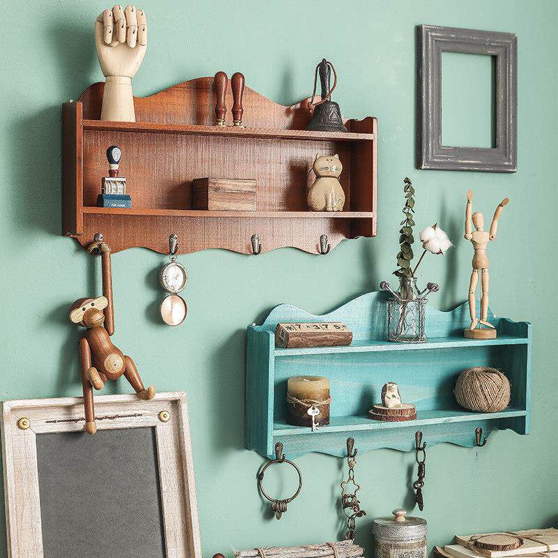 美式玄关创意挂钩钥匙挂架门口壁挂置物架挂衣钩覆古木制收纳盒