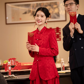 时光裁剪心动新中式红色旗袍敬酒服新娘长袖订婚礼服裙女