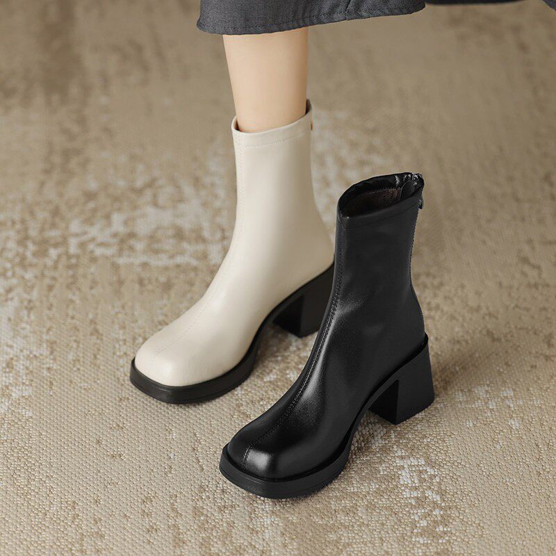 意大利Corso Venezia~真皮高跟马丁靴加绒小踝靴法式英伦风瘦瘦靴