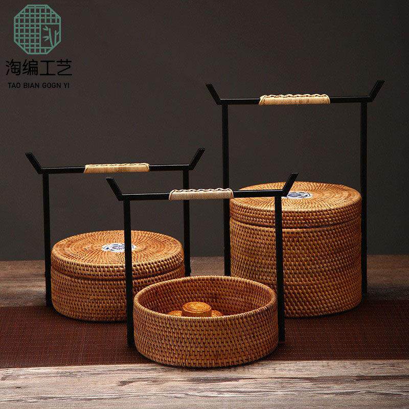 藤编铁艺提篮覆古手提点心食盒中式水果篮越南藤茶具收纳盒干果盒