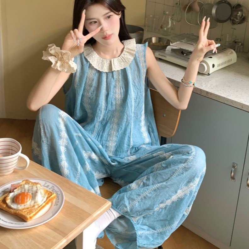 睡衣女夏背心吊带长裤韩版甜美蕾丝条纹家居服套装可外穿薄