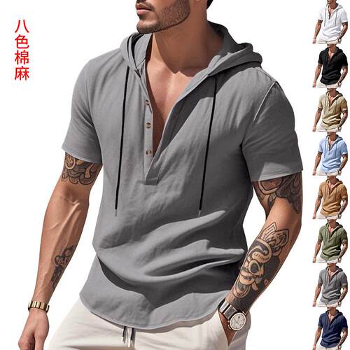 Men's linen breathable beach hooded short sleeved shirt